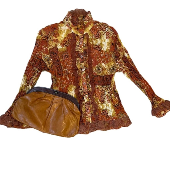 VINTAGE Lloyd Williams Long Sleeve Blouse Print Plisse Lace Trim High Neck (CN) - Picture 3 of 16